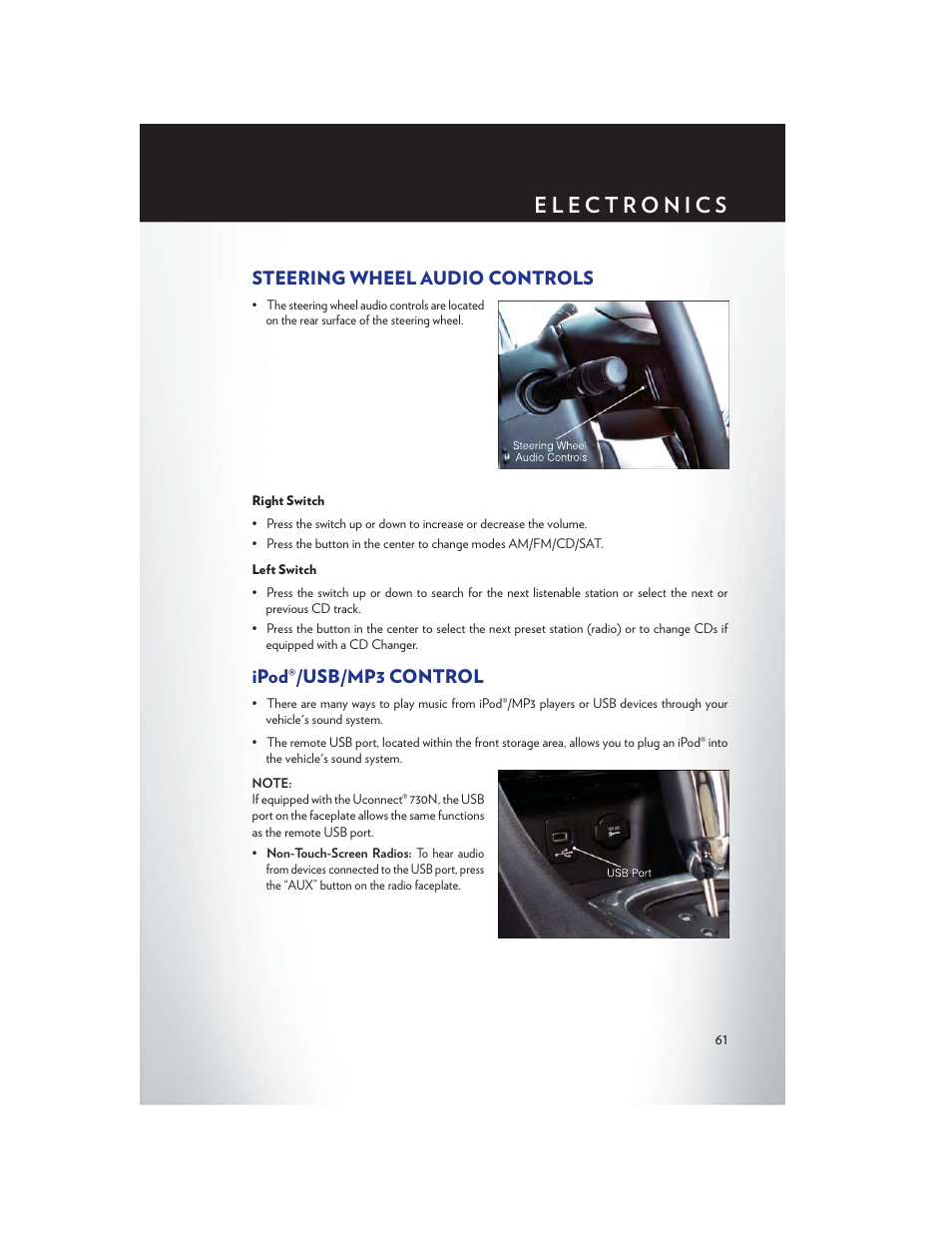 Steering wheel audio controls, Right switch, Left switch | Ipod®/usb/mp3 control | Chrysler 2013 200 Convertible - User Guide User Manual | Page 63 / 116