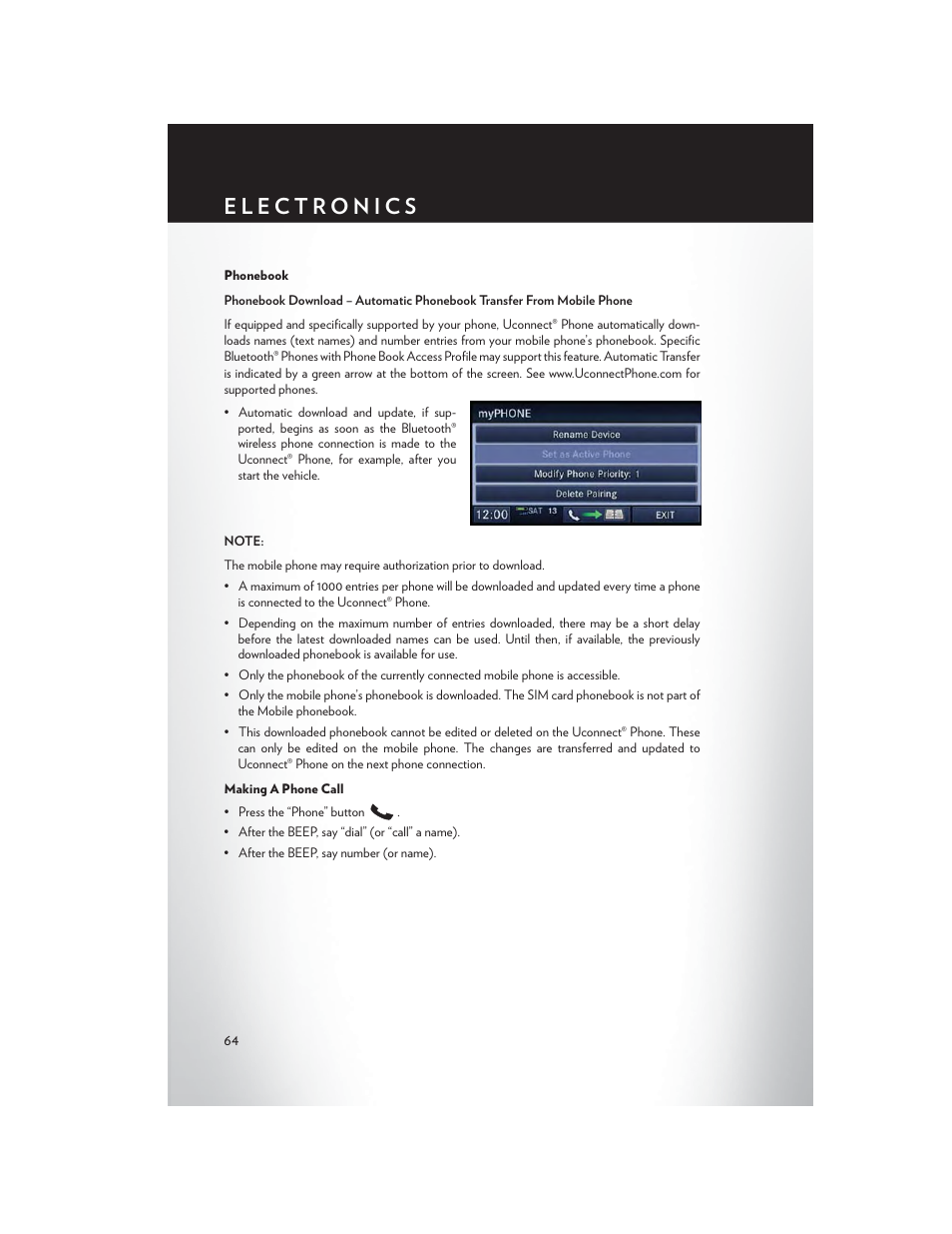 Phonebook, Making a phone call | Chrysler 2013 200 Convertible - User Guide User Manual | Page 66 / 116