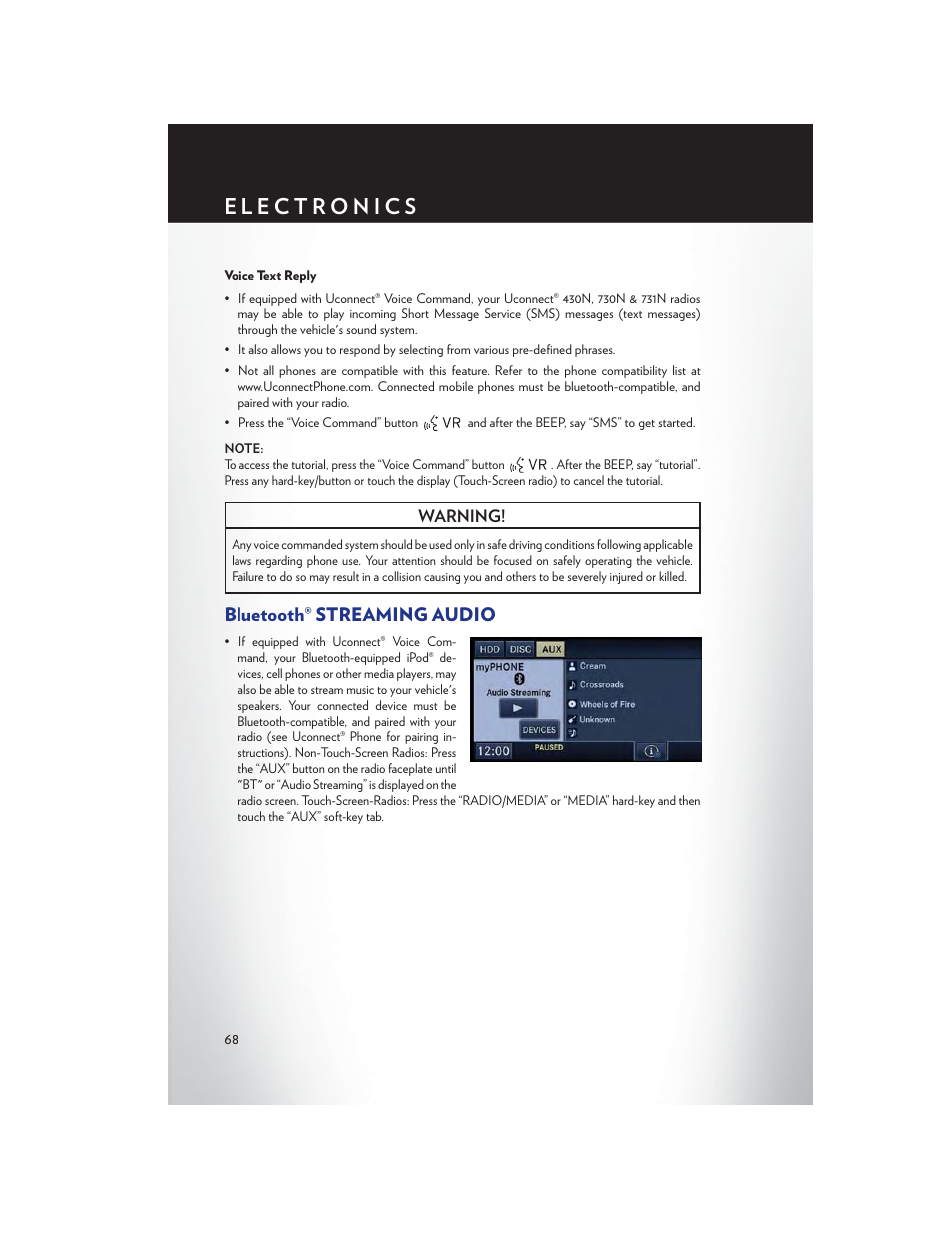 Voice text reply, Bluetooth® streaming audio | Chrysler 2013 200 Convertible - User Guide User Manual | Page 70 / 116