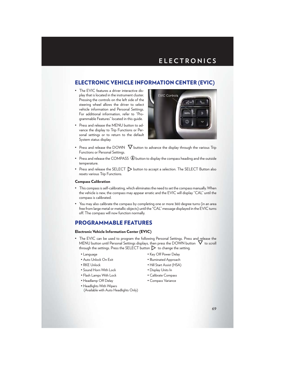 Electronic vehicle information center (evic), Compass calibration, Programmable features | Chrysler 2013 200 Convertible - User Guide User Manual | Page 71 / 116