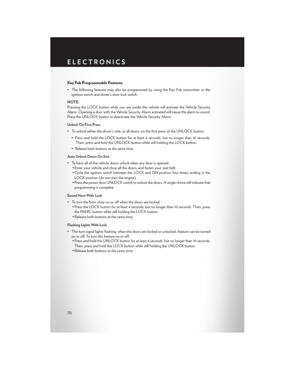 Key fob programmable features | Chrysler 2013 200 Convertible - User Guide User Manual | Page 72 / 116