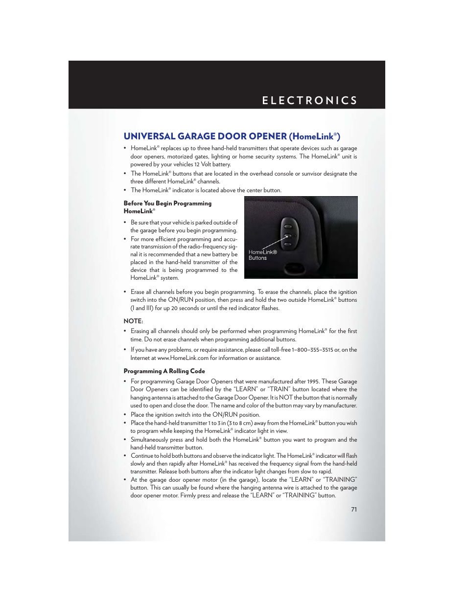 Universal garage door opener (homelink®), Before you begin programming homelink, Programming a rolling code | Chrysler 2013 200 Convertible - User Guide User Manual | Page 73 / 116