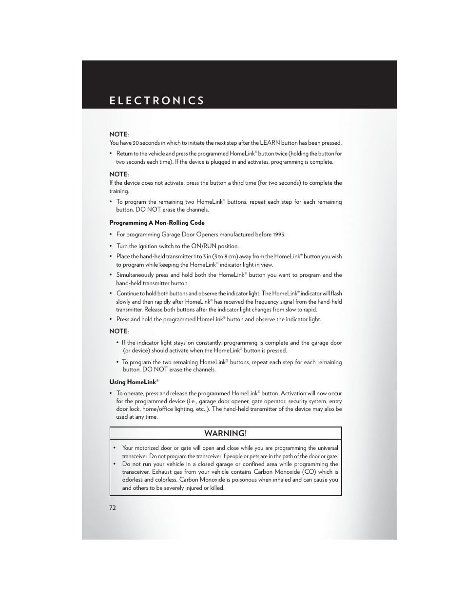 Programming a non-rolling code, Using homelink, Warning | Chrysler 2013 200 Convertible - User Guide User Manual | Page 74 / 116