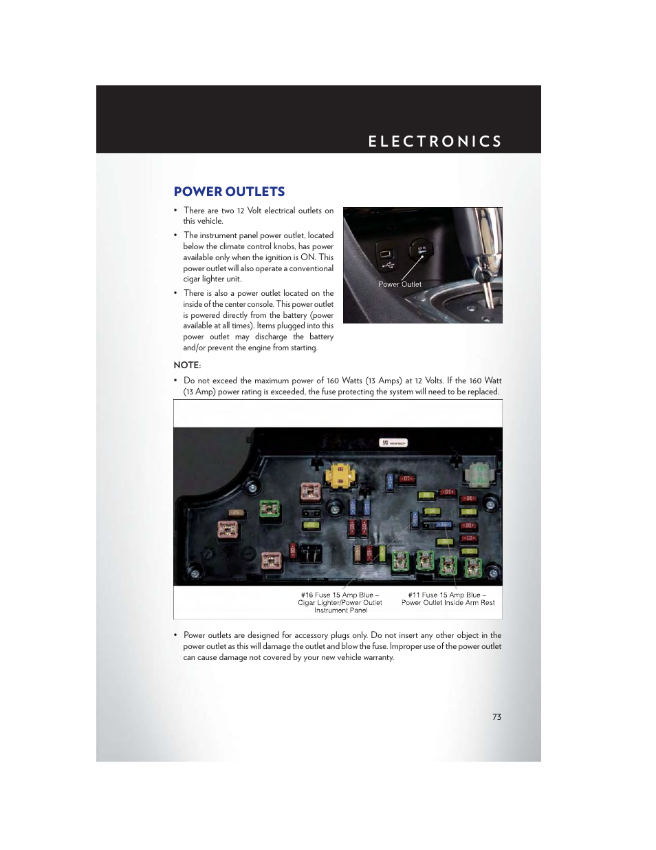 Power outlets | Chrysler 2013 200 Convertible - User Guide User Manual | Page 75 / 116