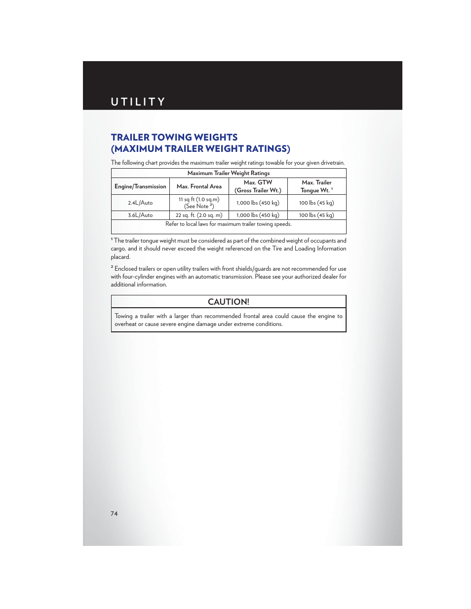 Utility, Caution | Chrysler 2013 200 Convertible - User Guide User Manual | Page 76 / 116