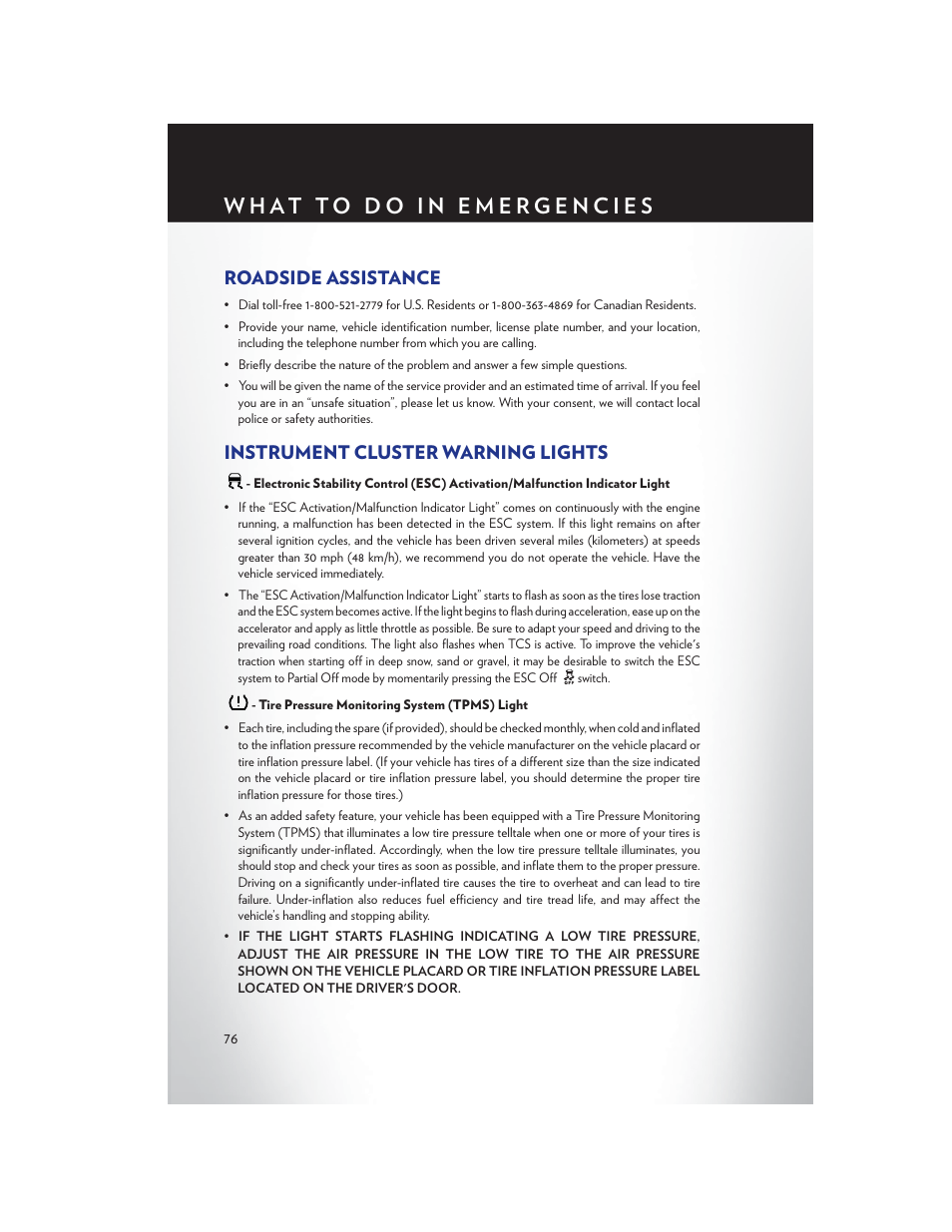 What to do in emergencies, Roadside assistance, Instrument cluster warning lights | Tire pressure monitoring system (tpms) light | Chrysler 2013 200 Convertible - User Guide User Manual | Page 78 / 116