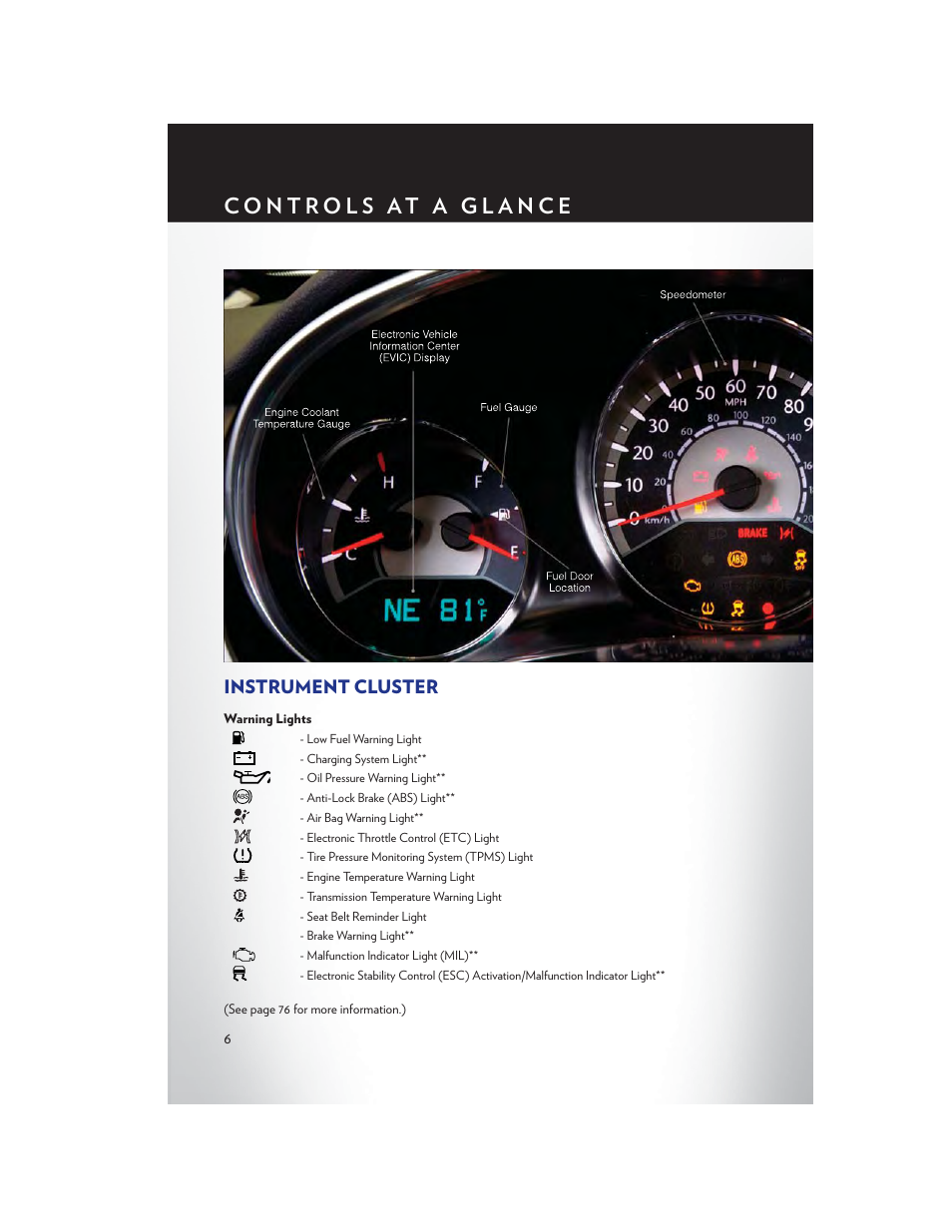 Instrument cluster, Warning lights | Chrysler 2013 200 Convertible - User Guide User Manual | Page 8 / 116