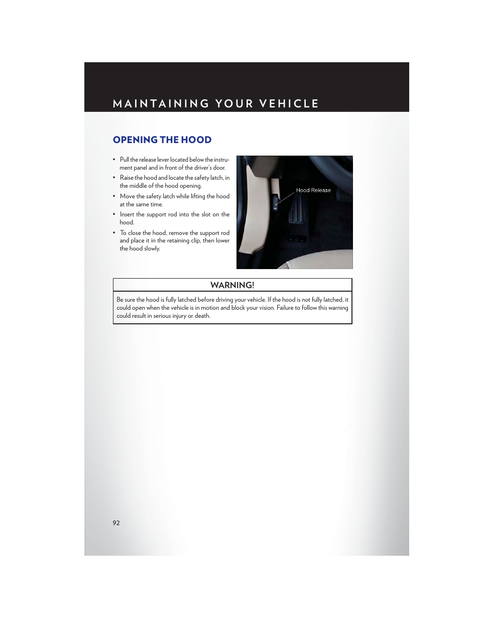 Maintaining your vehicle, Opening the hood | Chrysler 2013 200 Convertible - User Guide User Manual | Page 94 / 116