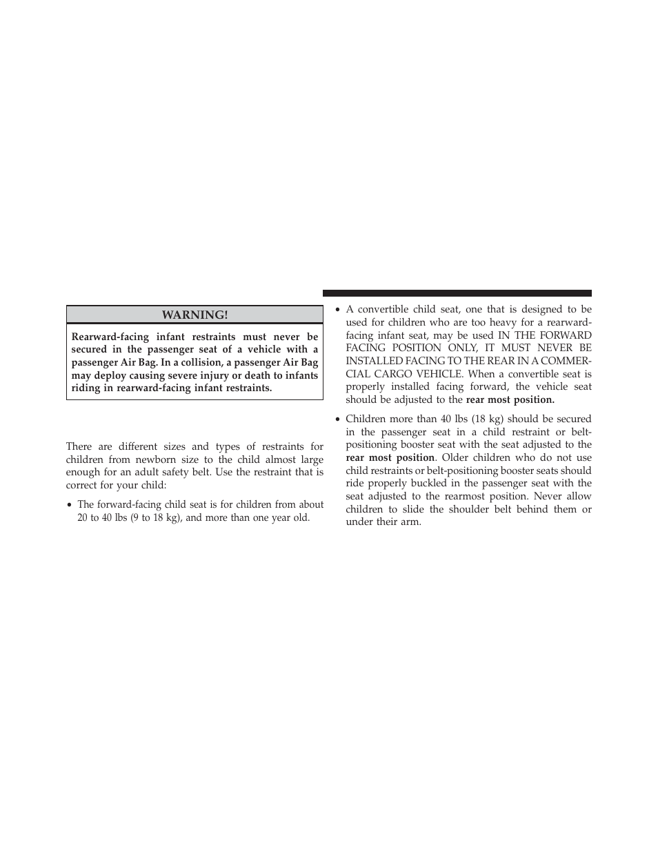 Restraining infants and small children in, Commercial cargo vehicles | Chrysler 2013 Country - Owner Manual User Manual | Page 120 / 699