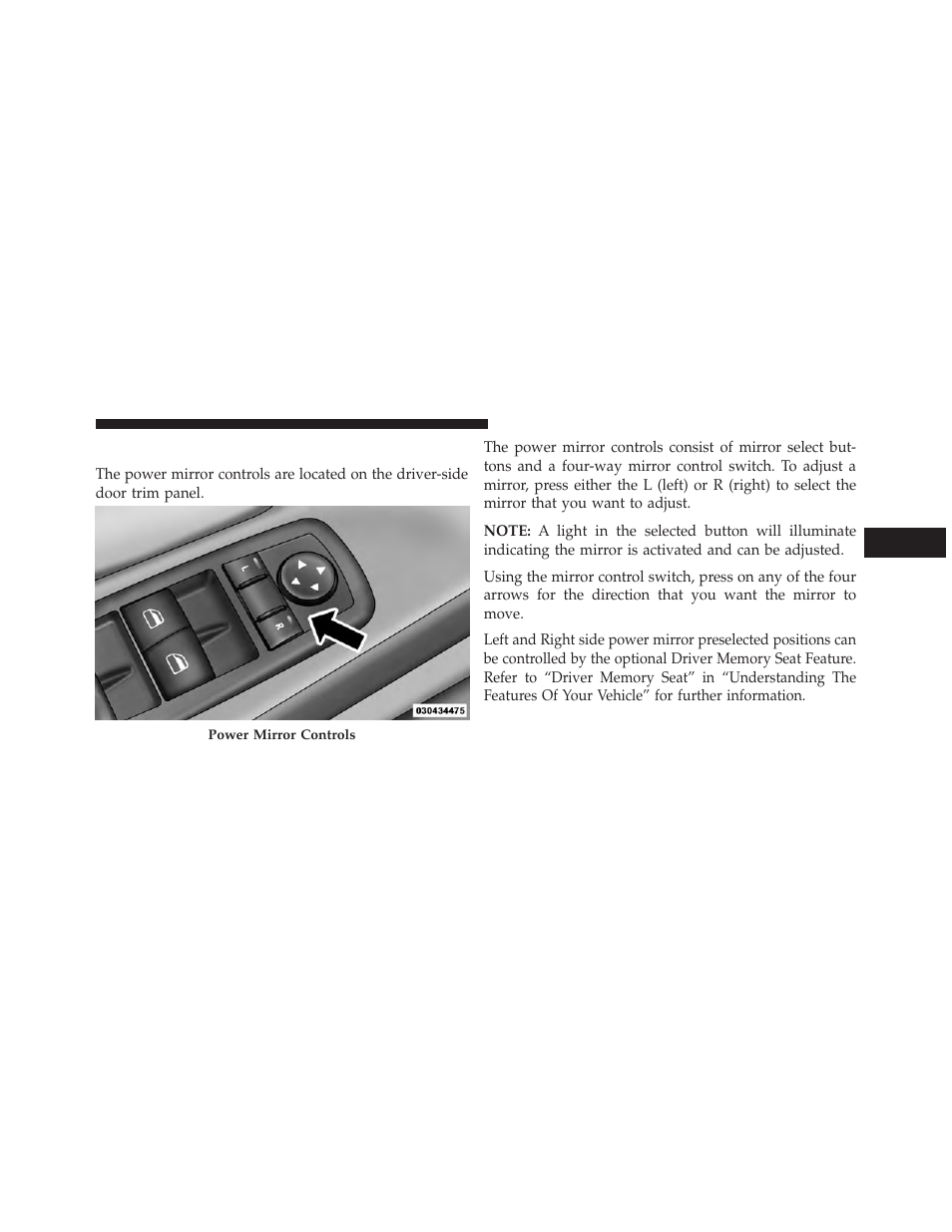 Power mirrors — if equipped | Chrysler 2013 Country - Owner Manual User Manual | Page 139 / 699