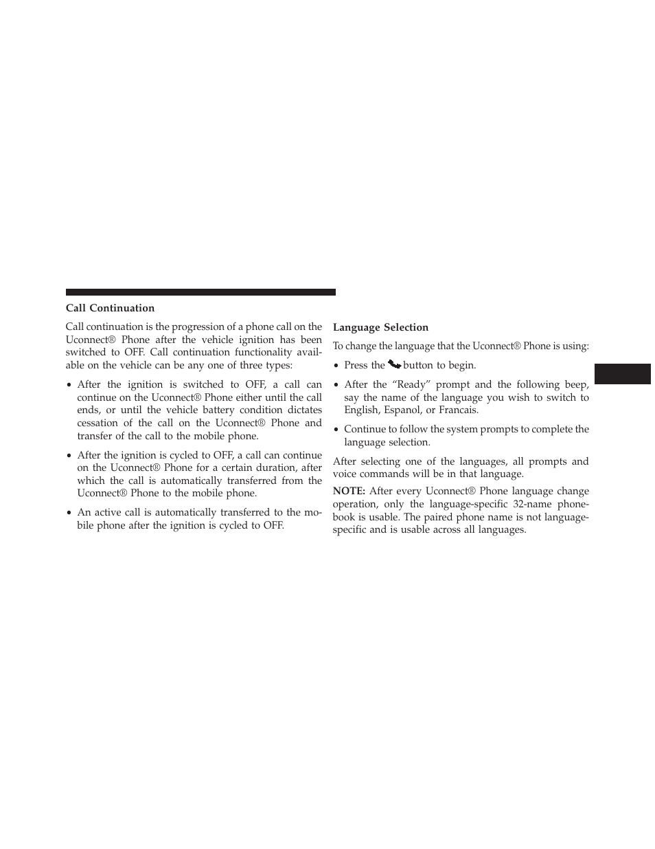 Call continuation, Uconnect® phone features, Language selection | Chrysler 2013 Country - Owner Manual User Manual | Page 163 / 699