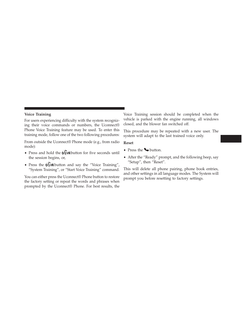 Voice training, Reset | Chrysler 2013 Country - Owner Manual User Manual | Page 171 / 699