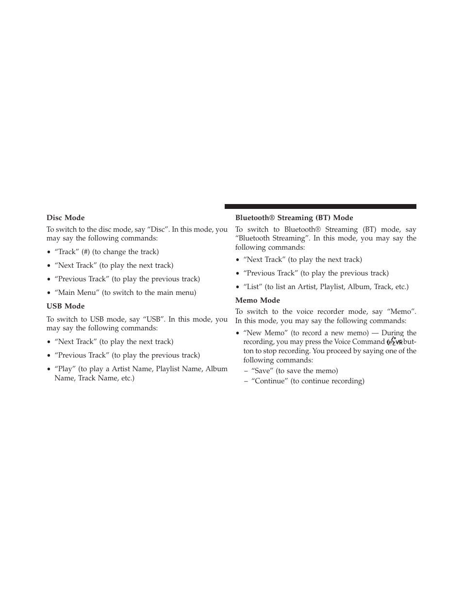 Disc mode, Usb mode, Bluetooth® streaming (bt) mode | Memo mode | Chrysler 2013 Country - Owner Manual User Manual | Page 186 / 699