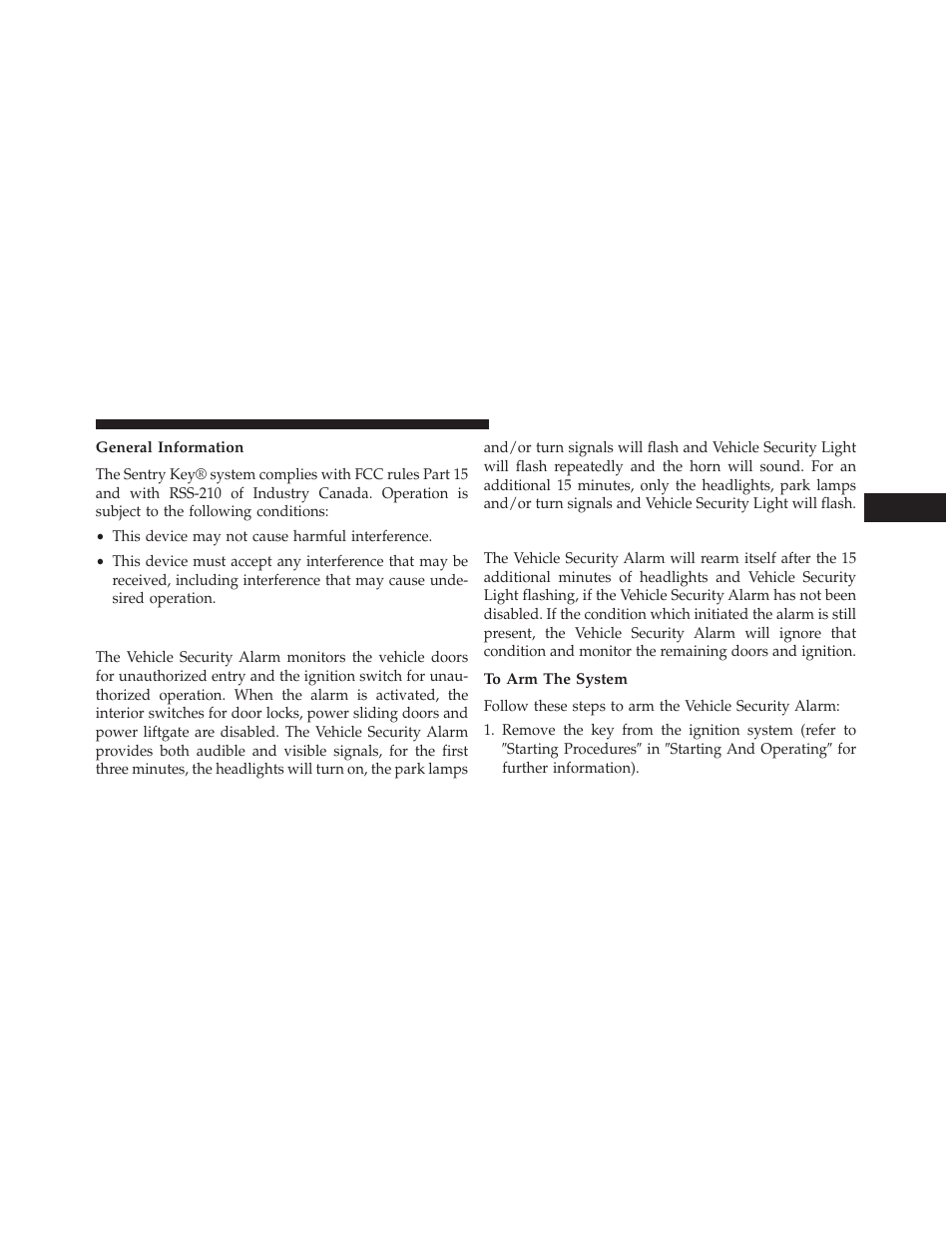 General information, Vehicle security alarm — if equipped, Rearming of the system | To arm the system | Chrysler 2013 Country - Owner Manual User Manual | Page 19 / 699