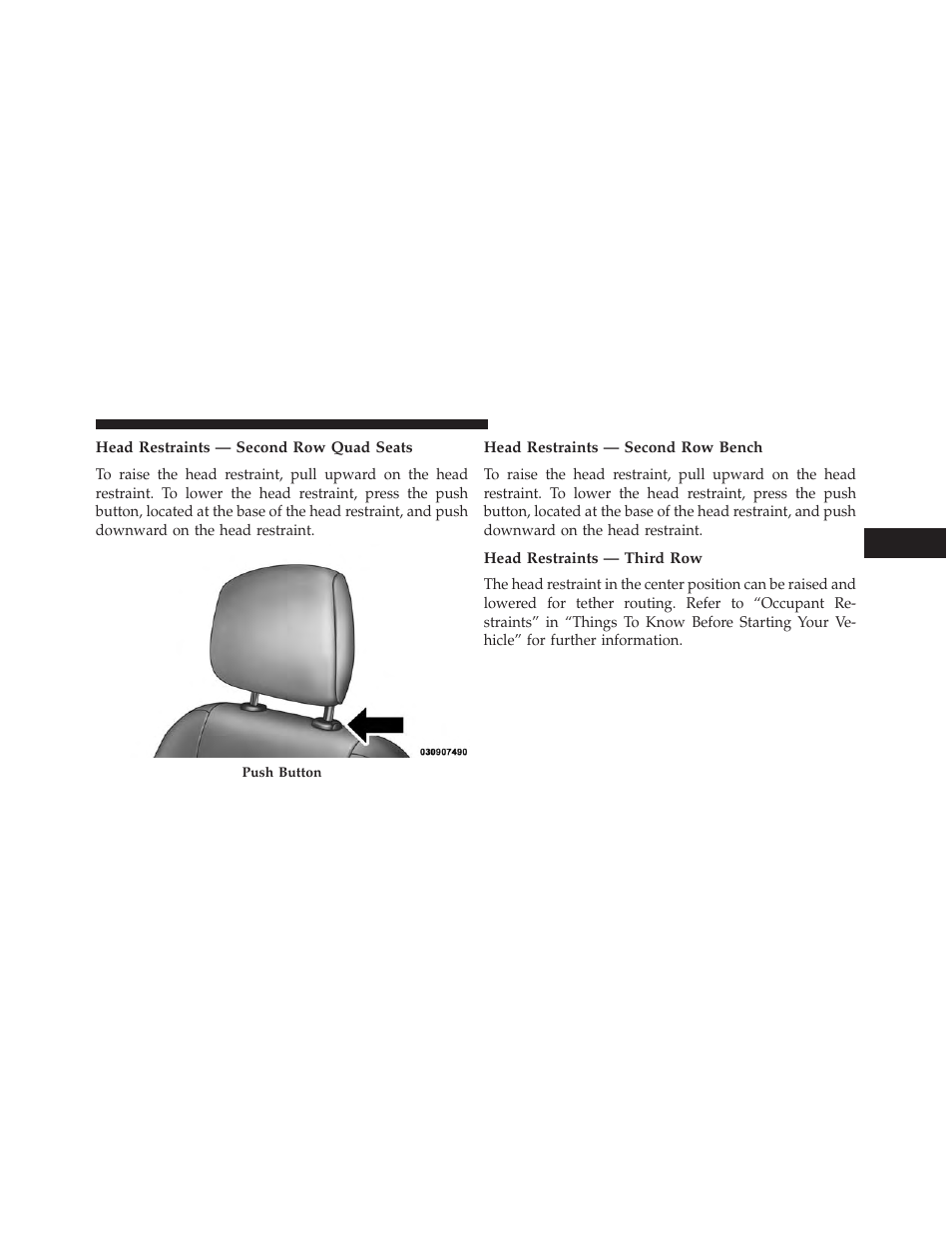 Head restraints — second row quad seats, Head restraints — second row bench, Head restraints — third row | Chrysler 2013 Country - Owner Manual User Manual | Page 201 / 699