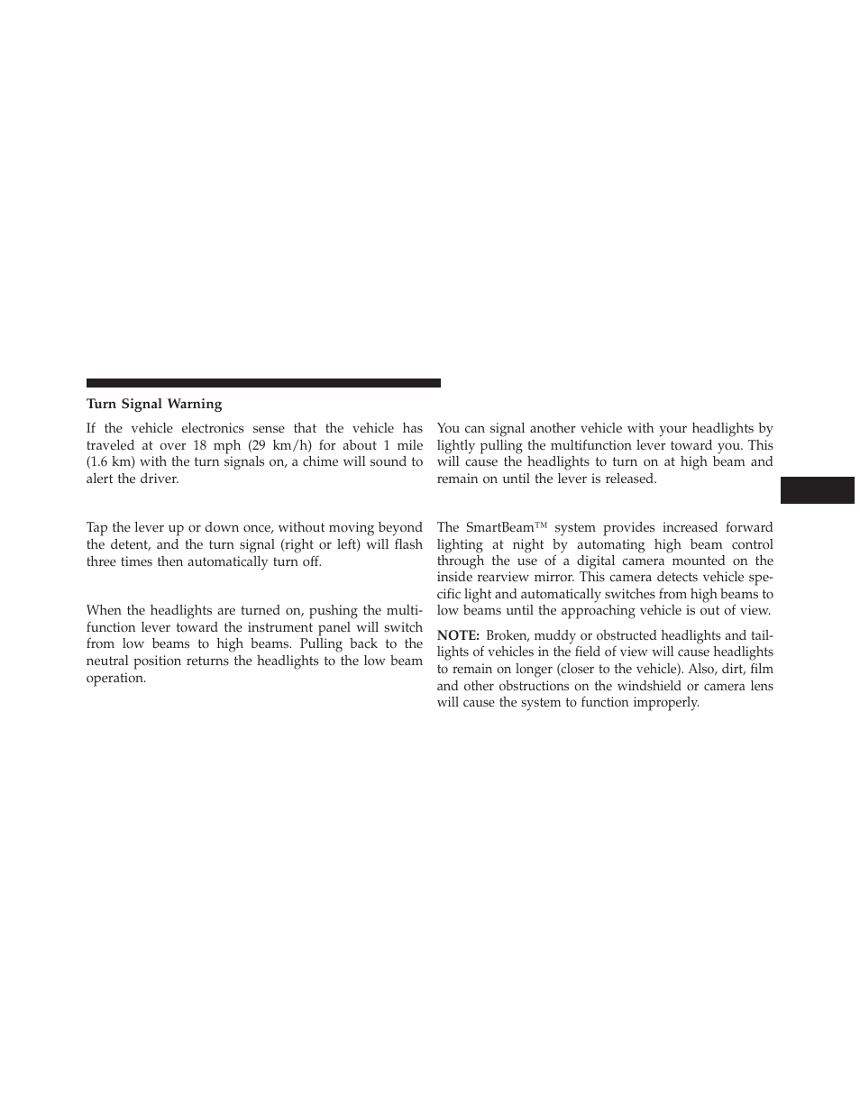 Turn signal warning, Lane change assist, High/low beam switch | Flash-to-pass, Smartbeam™ — if equipped | Chrysler 2013 Country - Owner Manual User Manual | Page 231 / 699