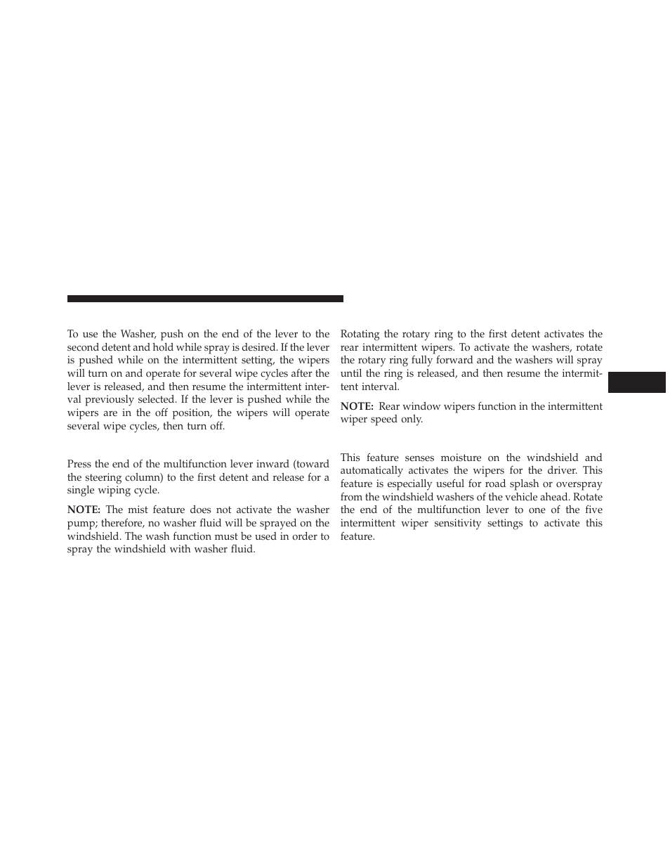 Windshield washers, Mist feature, Rear wiper and washer | Rain sensing wipers — if equipped | Chrysler 2013 Country - Owner Manual User Manual | Page 235 / 699