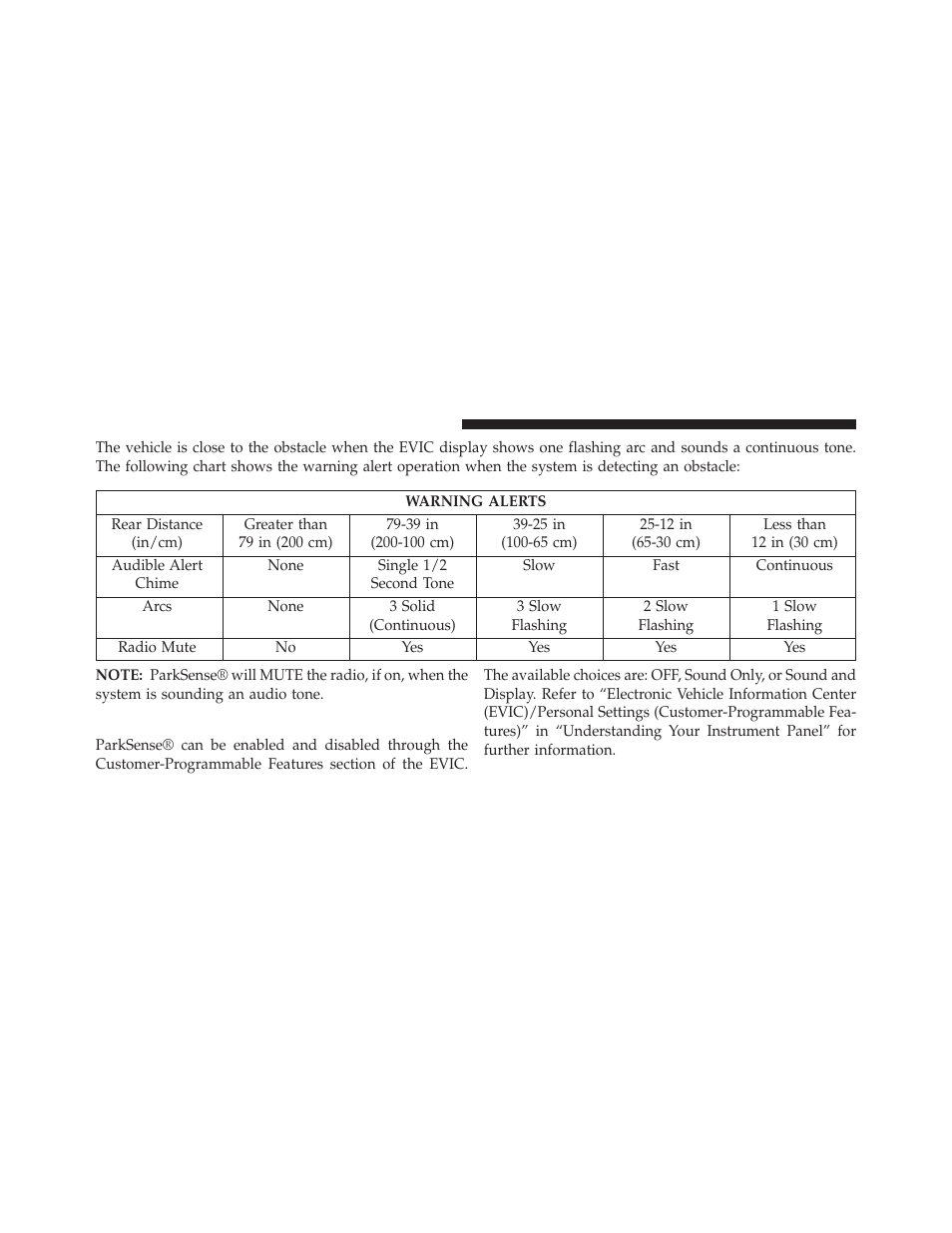 Enabling/disabling parksense | Chrysler 2013 Country - Owner Manual User Manual | Page 250 / 699