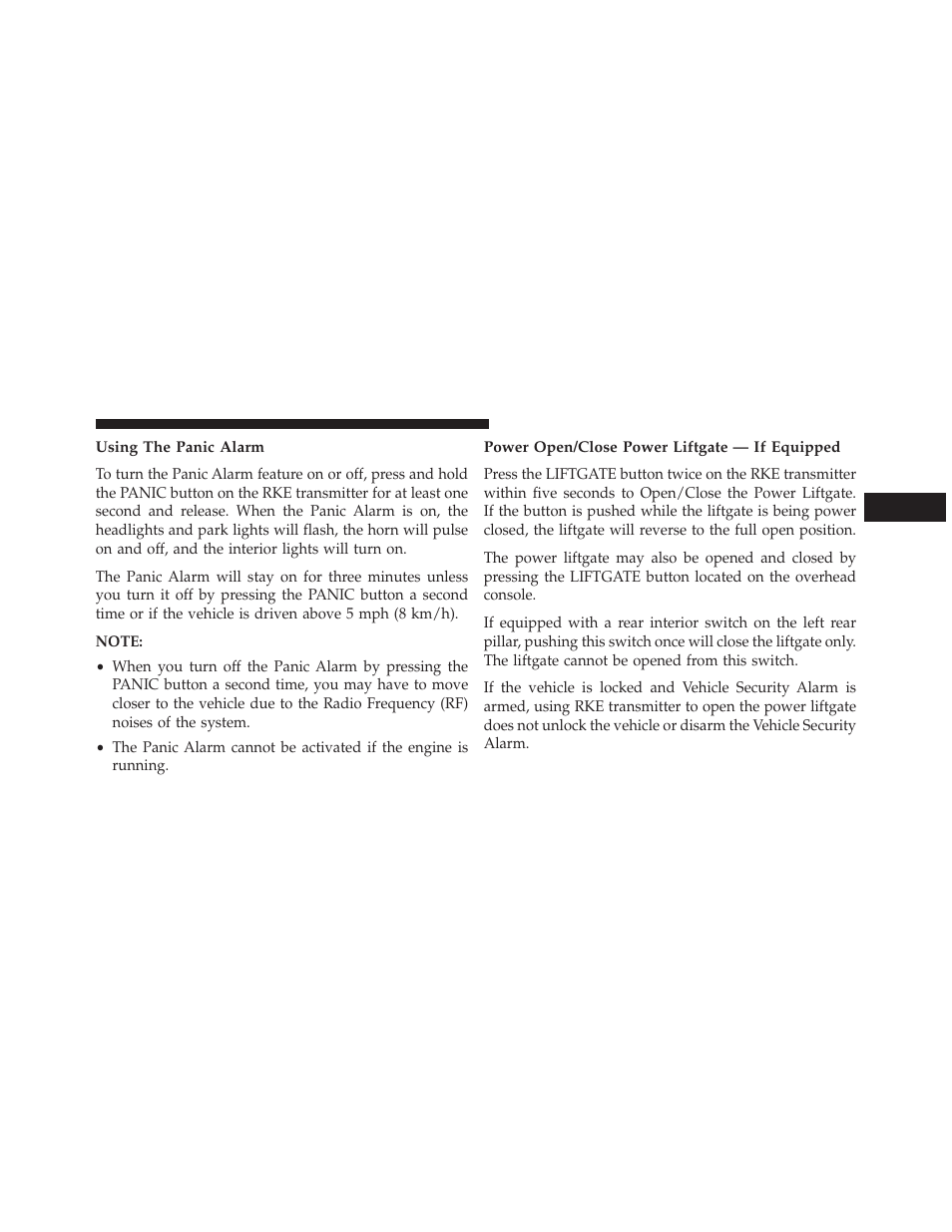 Using the panic alarm, Power open/close power liftgate — if equipped | Chrysler 2013 Country - Owner Manual User Manual | Page 27 / 699