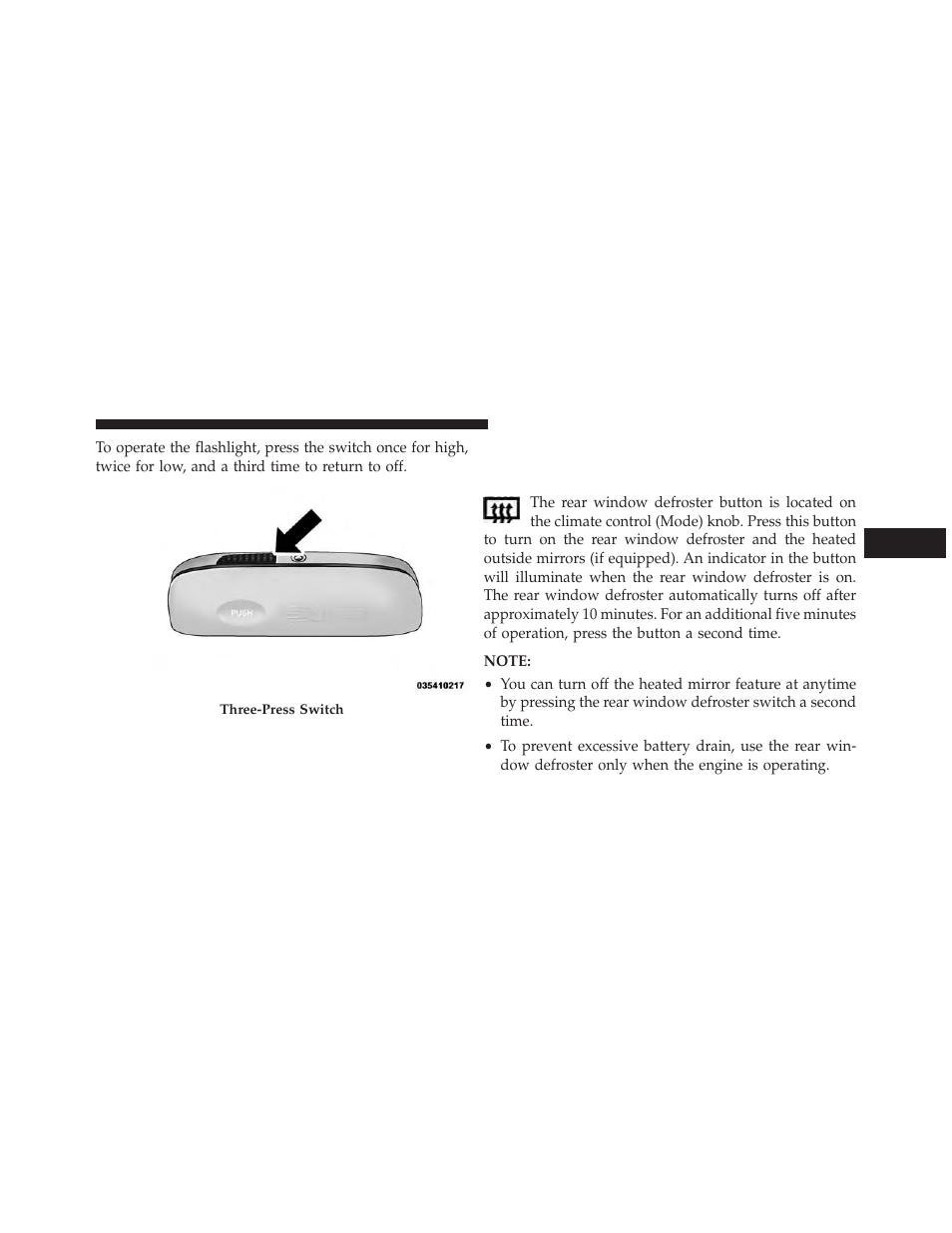 Rear window features, Rear window defroster | Chrysler 2013 Country - Owner Manual User Manual | Page 299 / 699