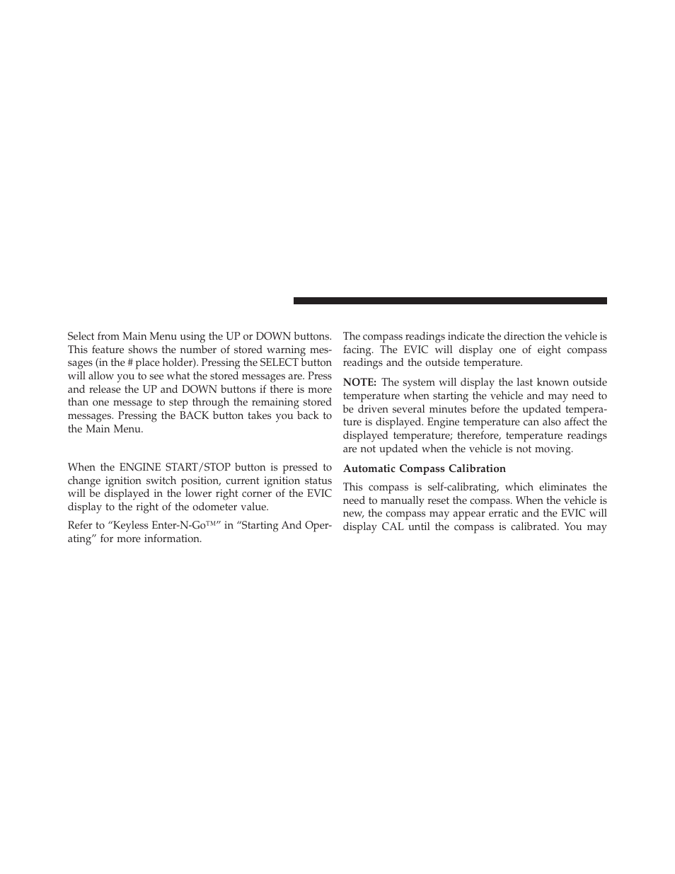 Messages, Keyless enter-n-go™ display — if equipped, Compass / temperature display | Automatic compass calibration | Chrysler 2013 Country - Owner Manual User Manual | Page 346 / 699