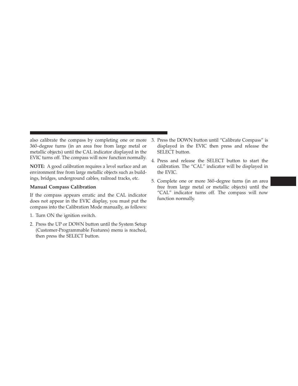 Manual compass calibration | Chrysler 2013 Country - Owner Manual User Manual | Page 347 / 699