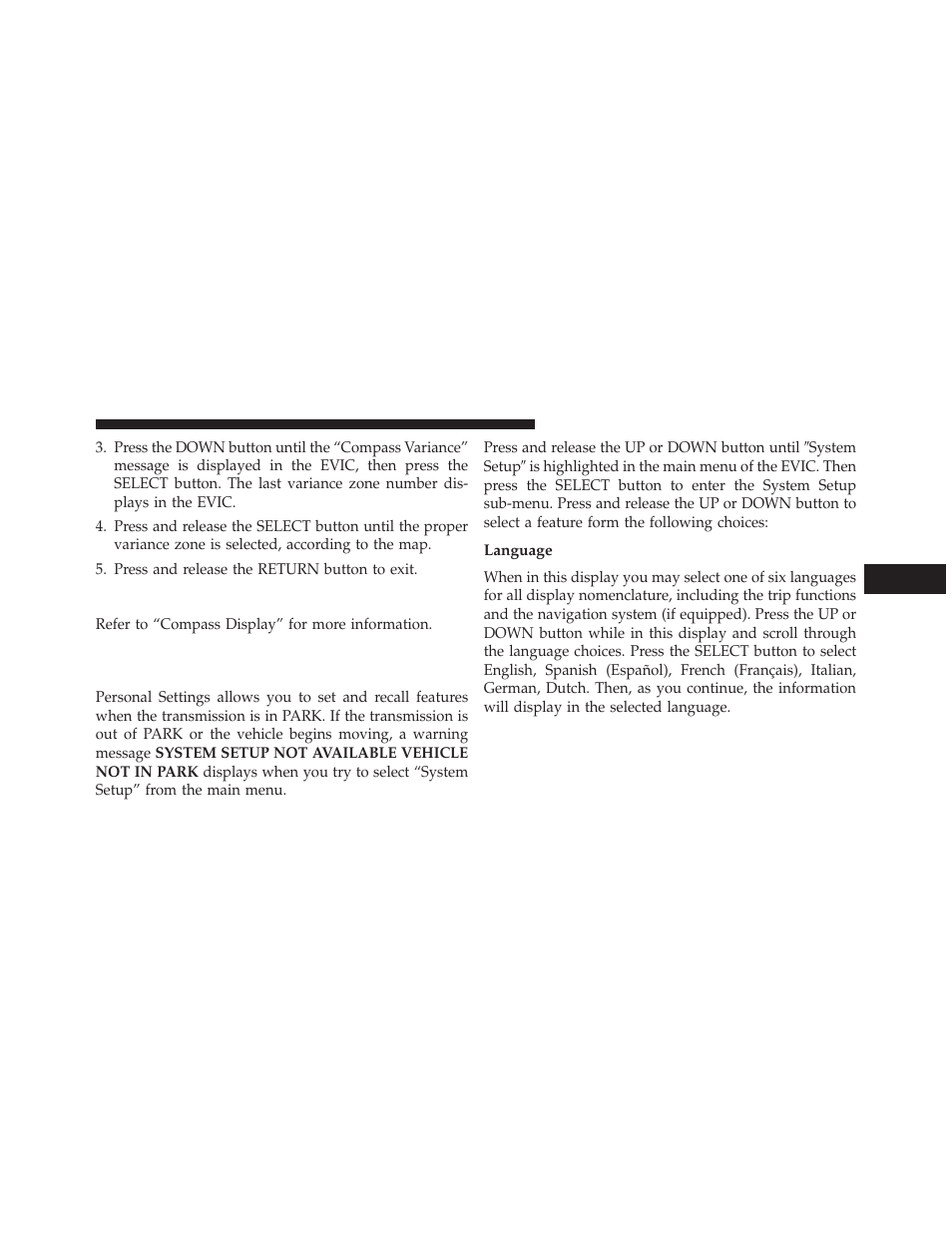 Compass variance, Customer-programmable features (system setup), Language | Chrysler 2013 Country - Owner Manual User Manual | Page 349 / 699