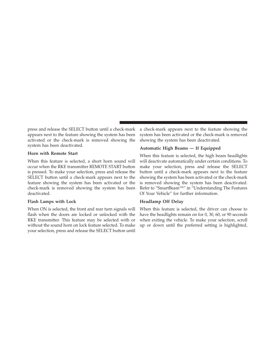 Horn with remote start, Flash lamps with lock, Automatic high beams — if equipped | Headlamp off delay | Chrysler 2013 Country - Owner Manual User Manual | Page 352 / 699