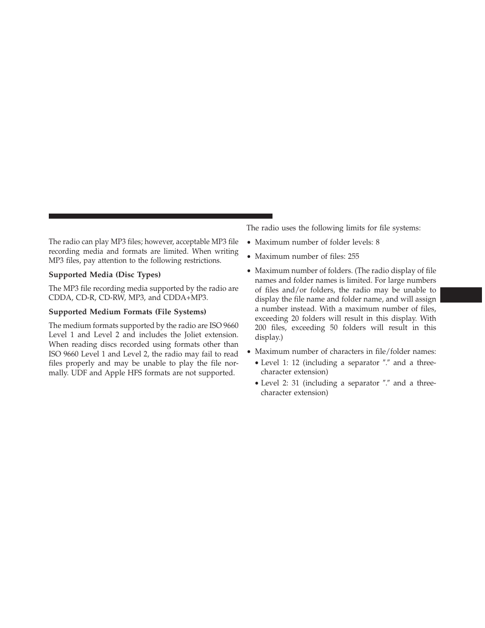 Notes on playing mp3 files, Supported media (disc types), Supported medium formats (file systems) | Chrysler 2013 Country - Owner Manual User Manual | Page 363 / 699