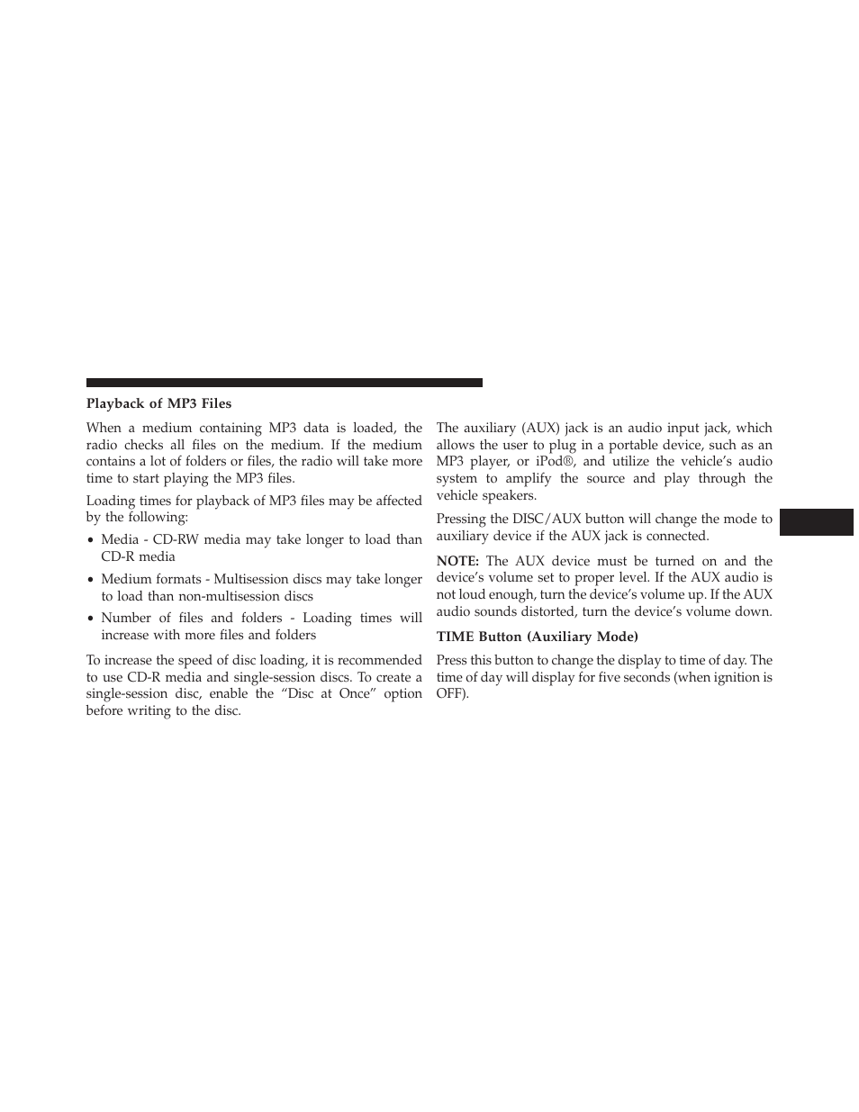 Playback of mp3 files, Operation instructions - auxiliary mode, Time button (auxiliary mode) | Chrysler 2013 Country - Owner Manual User Manual | Page 365 / 699