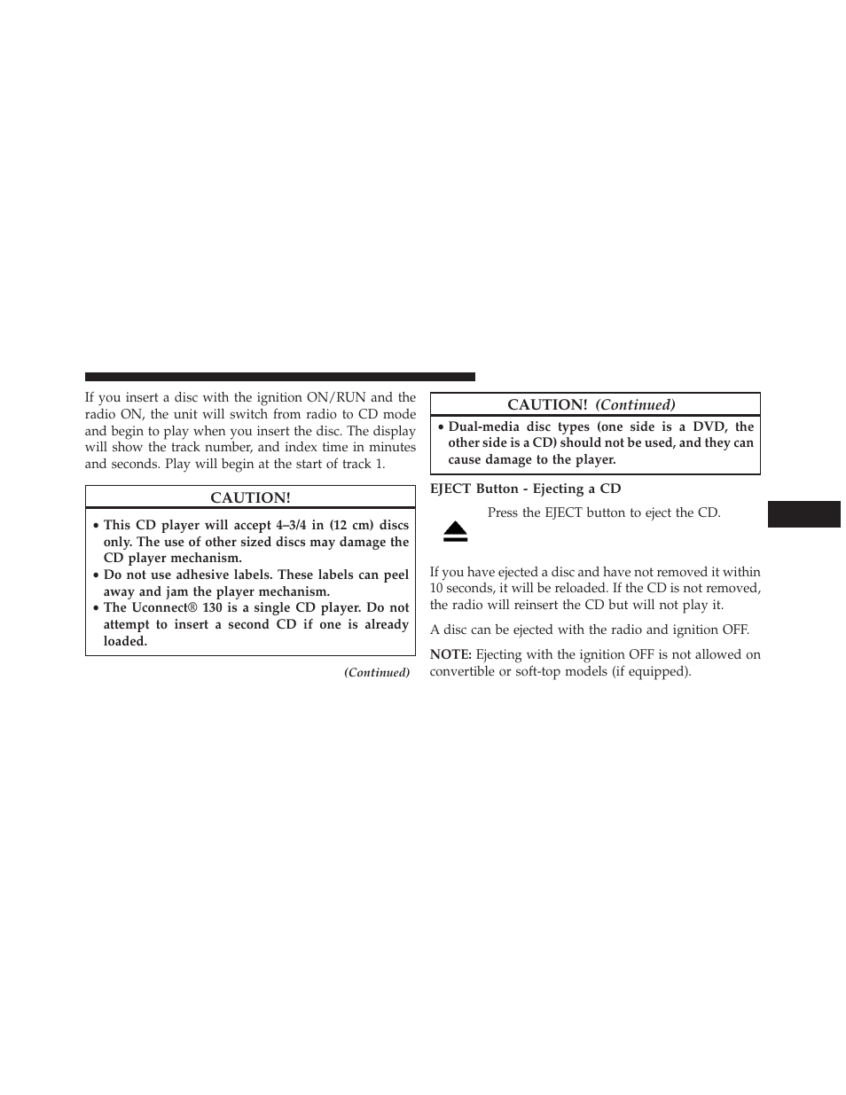 Eject button - ejecting a cd | Chrysler 2013 Country - Owner Manual User Manual | Page 373 / 699