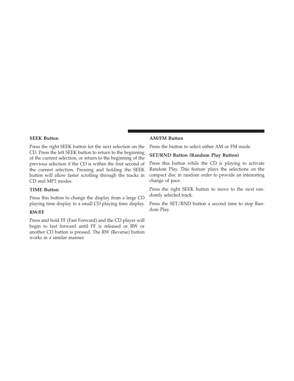 Seek button, Time button, Rw/ff | Am/fm button, Set/rnd button (random play button) | Chrysler 2013 Country - Owner Manual User Manual | Page 374 / 699