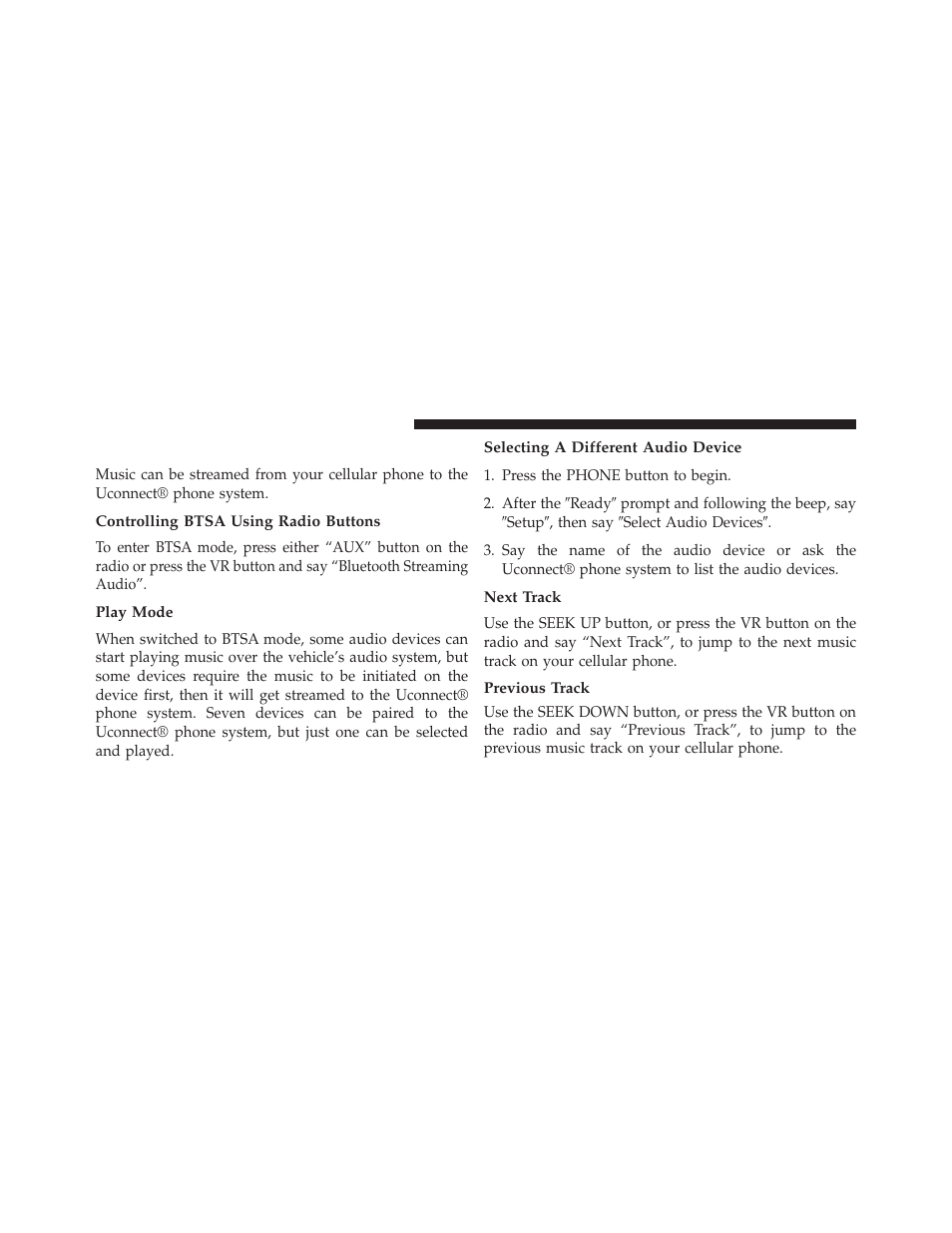 Bluetooth streaming audio (btsa), Controlling btsa using radio buttons, Play mode | Selecting a different audio device, Next track, Previous track | Chrysler 2013 Country - Owner Manual User Manual | Page 390 / 699