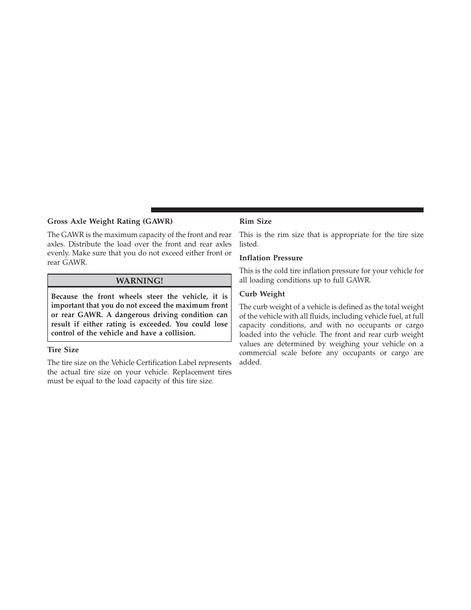 Gross axle weight rating (gawr), Tire size, Rim size | Inflation pressure, Curb weight | Chrysler 2013 Country - Owner Manual User Manual | Page 552 / 699