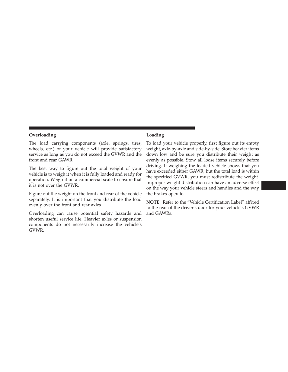 Overloading, Loading | Chrysler 2013 Country - Owner Manual User Manual | Page 553 / 699