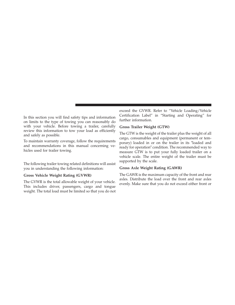 Trailer towing, Common towing definitions, Gross vehicle weight rating (gvwr) | Gross trailer weight (gtw), Gross axle weight rating (gawr) | Chrysler 2013 Country - Owner Manual User Manual | Page 554 / 699