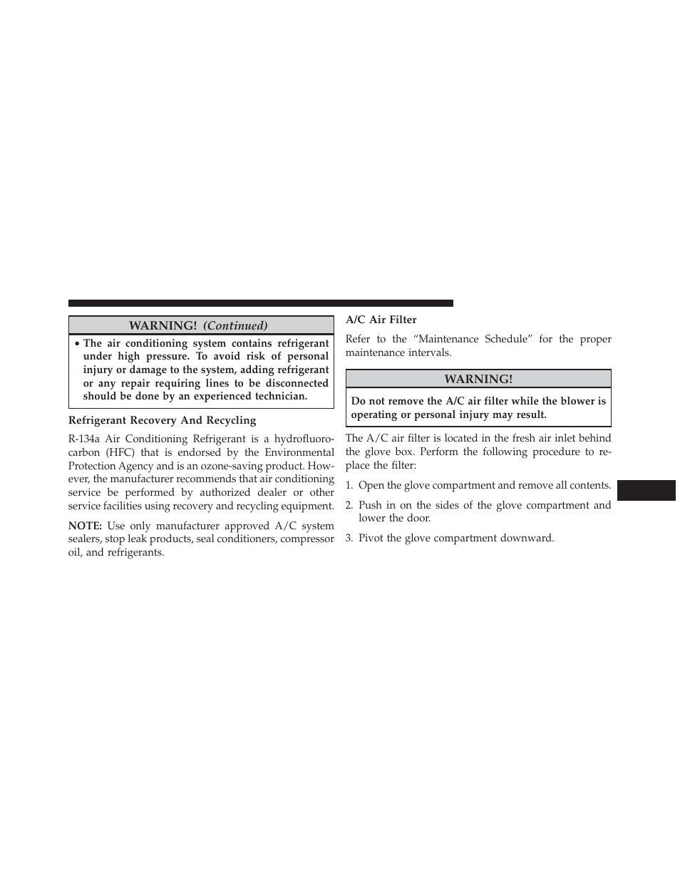 Refrigerant recovery and recycling, A/c air filter | Chrysler 2013 Country - Owner Manual User Manual | Page 619 / 699