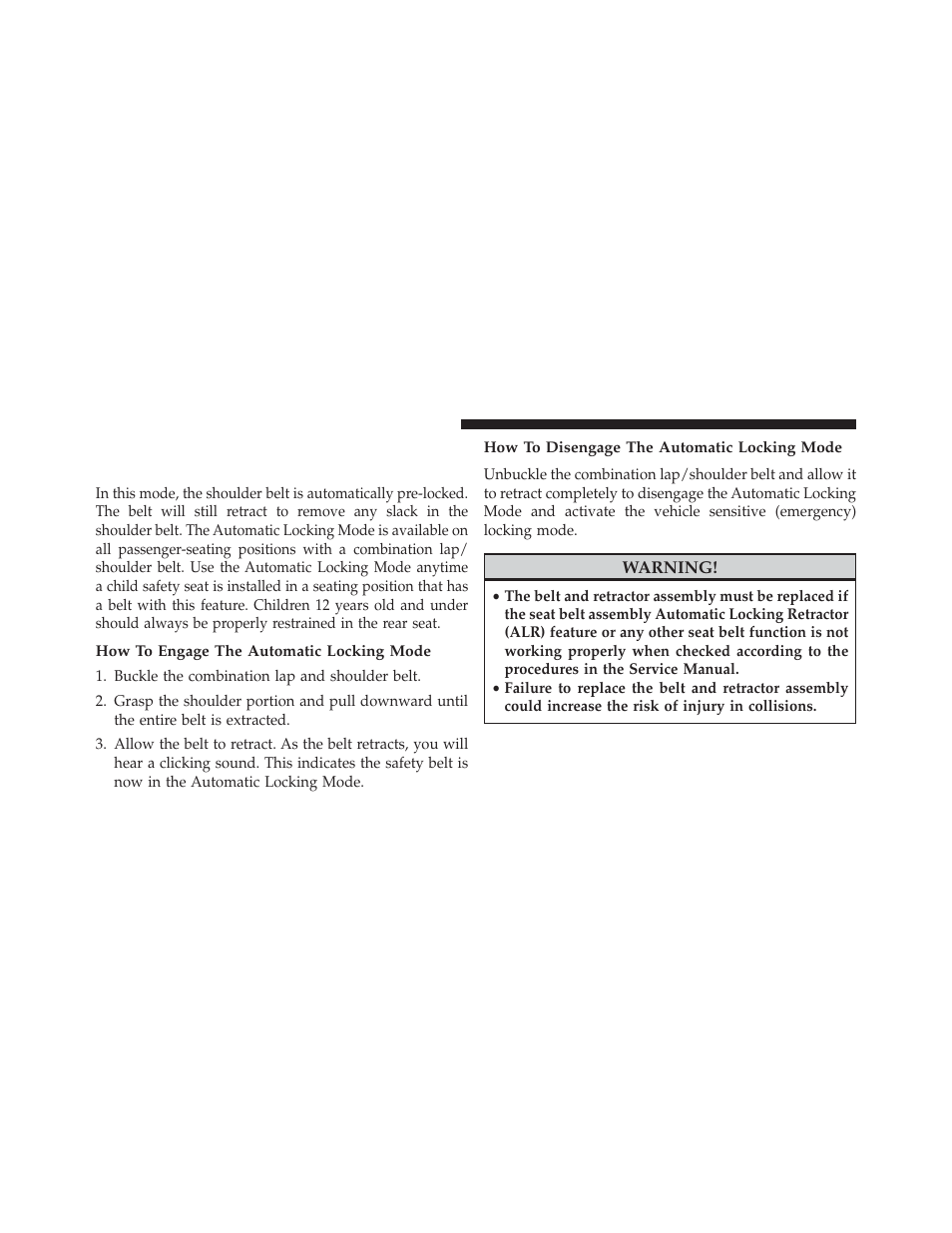 How to engage the automatic locking mode, How to disengage the automatic locking mode | Chrysler 2013 Country - Owner Manual User Manual | Page 74 / 699