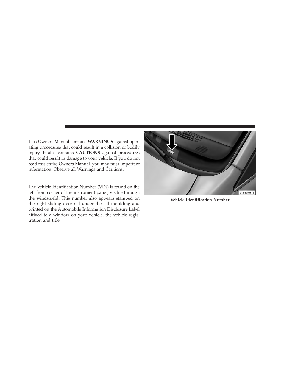 Warnings and cautions, Vehicle identification number | Chrysler 2013 Country - Owner Manual User Manual | Page 8 / 699