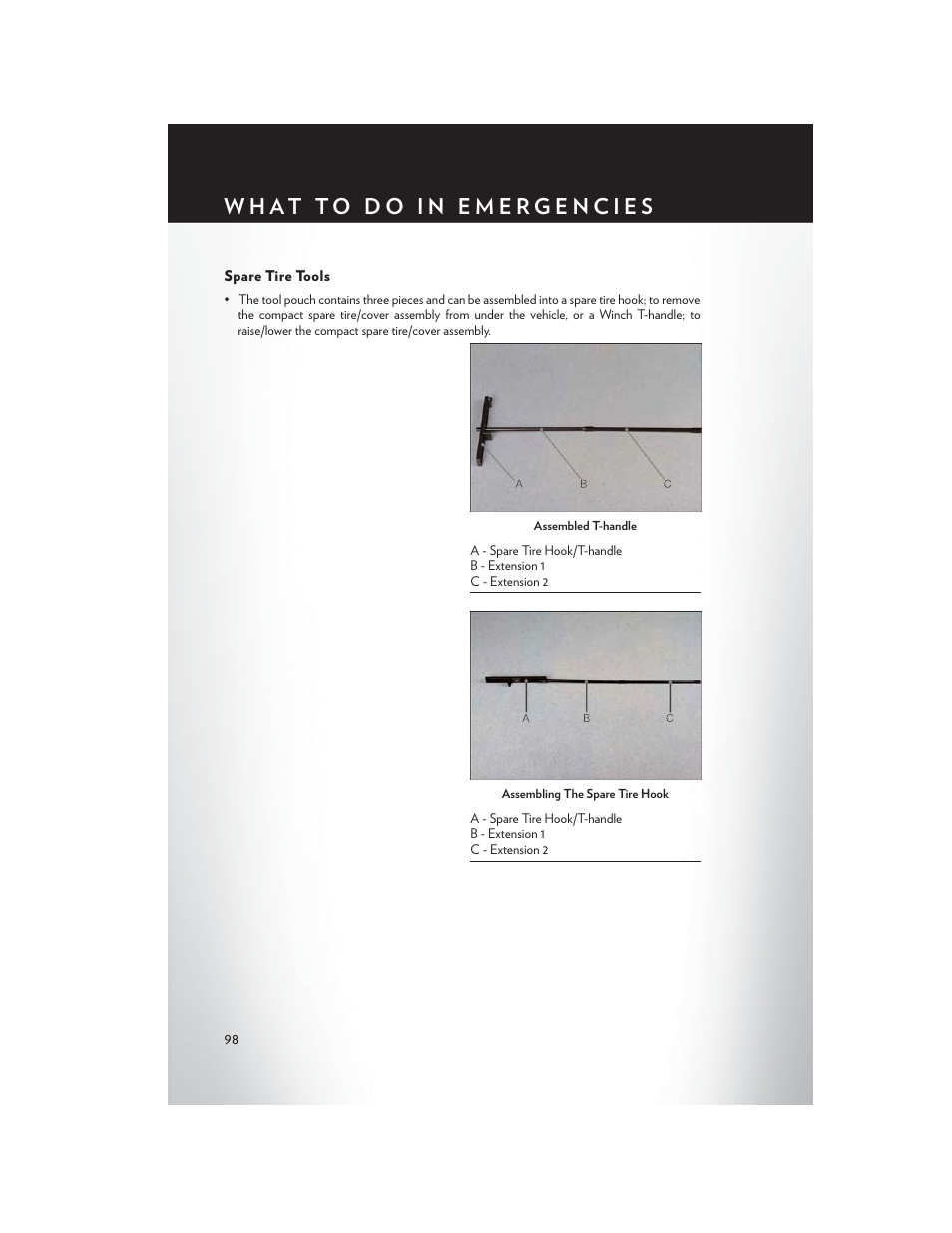 Spare tire tools | Chrysler 2013 Country - User Guide User Manual | Page 100 / 140