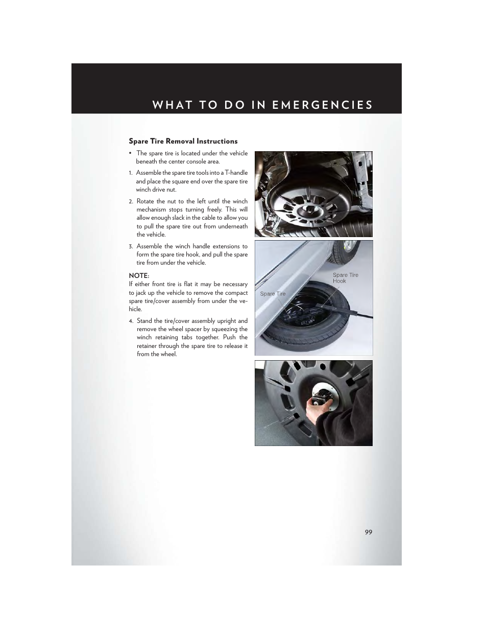 Spare tire removal instructions | Chrysler 2013 Country - User Guide User Manual | Page 101 / 140