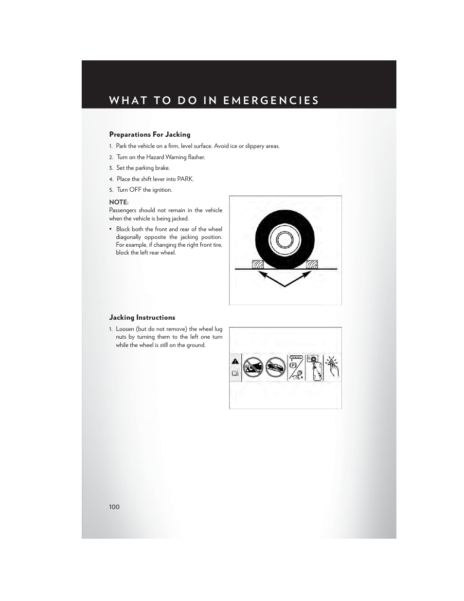 Preparations for jacking, Jacking instructions | Chrysler 2013 Country - User Guide User Manual | Page 102 / 140