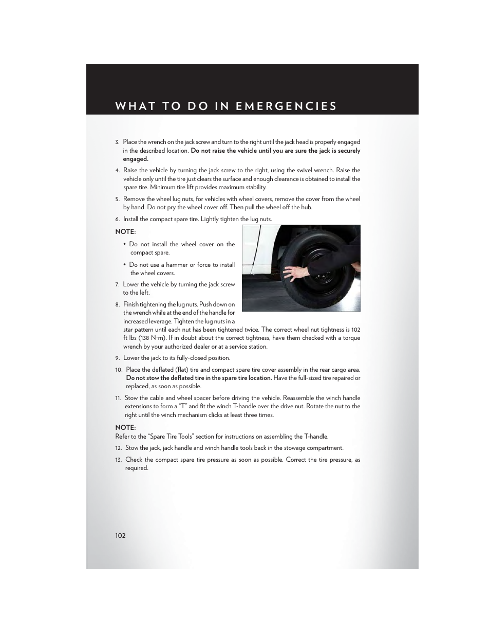 Securing the spare tire | Chrysler 2013 Country - User Guide User Manual | Page 104 / 140