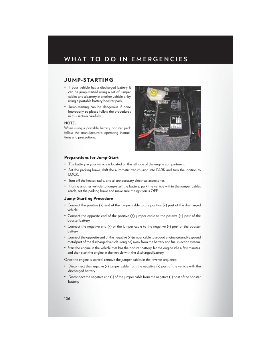 Jump-starting, Preparations for jump-start, Jump-starting procedure | Chrysler 2013 Country - User Guide User Manual | Page 108 / 140