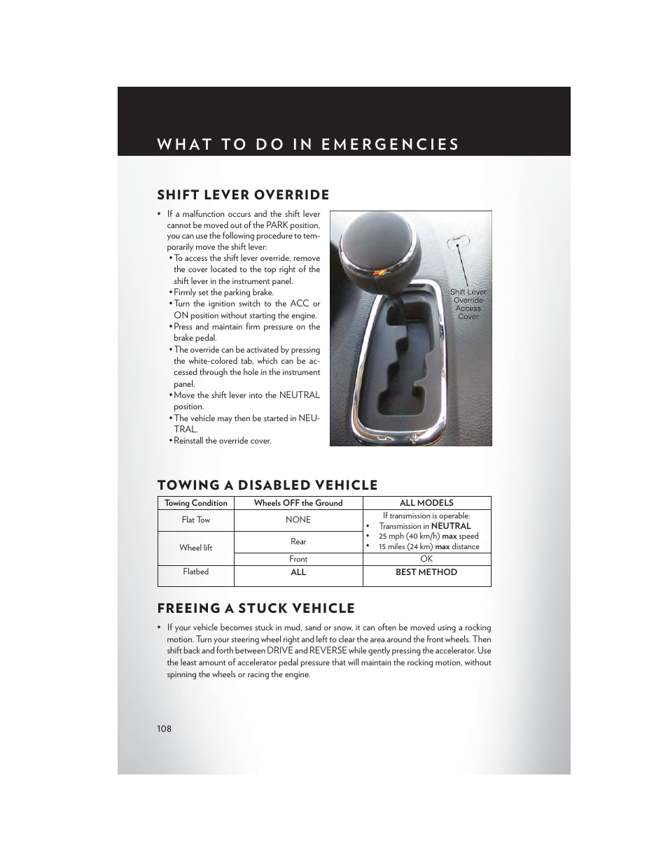 Shift lever override, Towing a disabled vehicle, Freeing a stuck vehicle | Chrysler 2013 Country - User Guide User Manual | Page 110 / 140