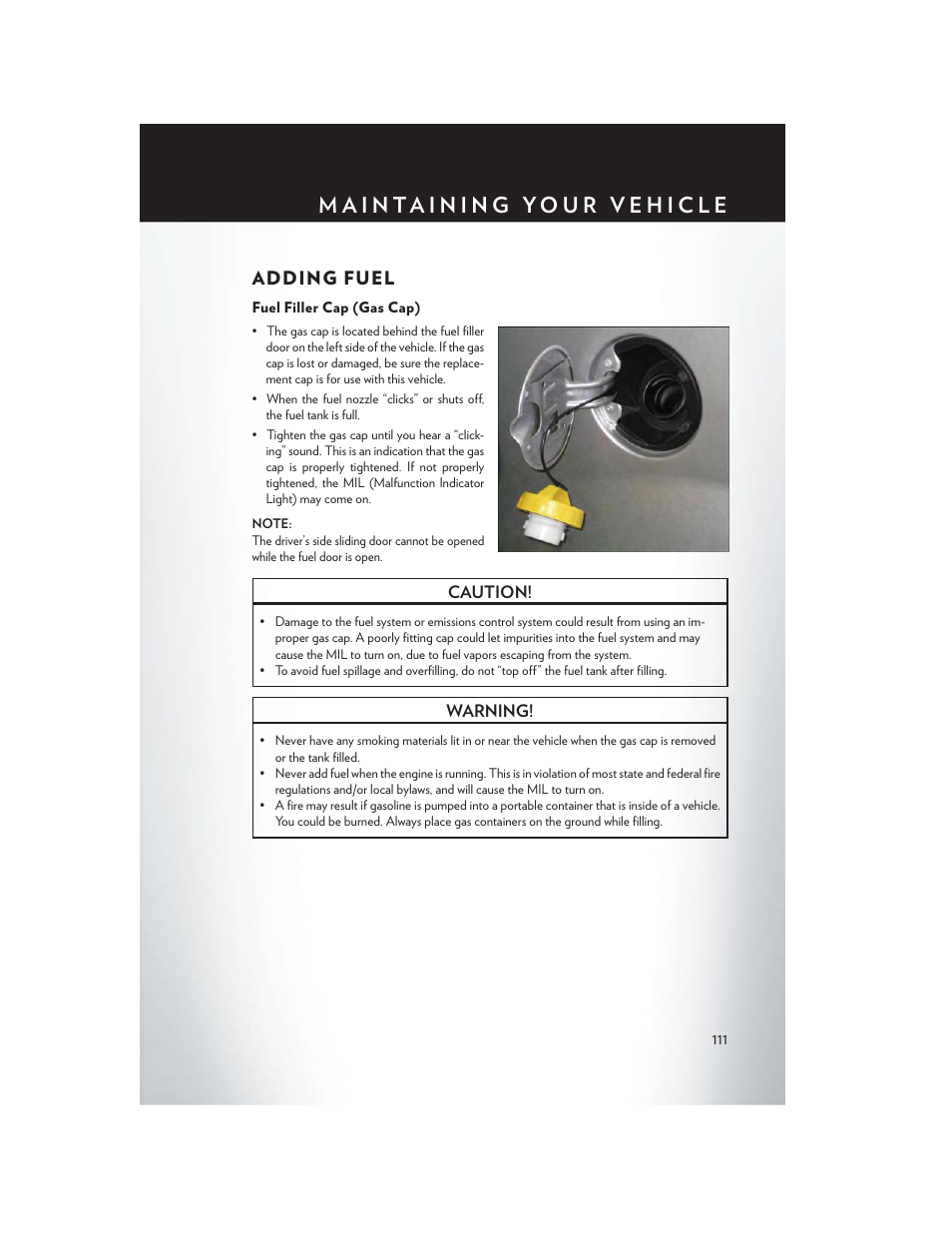 Adding fuel, Fuel filler cap (gas cap) | Chrysler 2013 Country - User Guide User Manual | Page 113 / 140