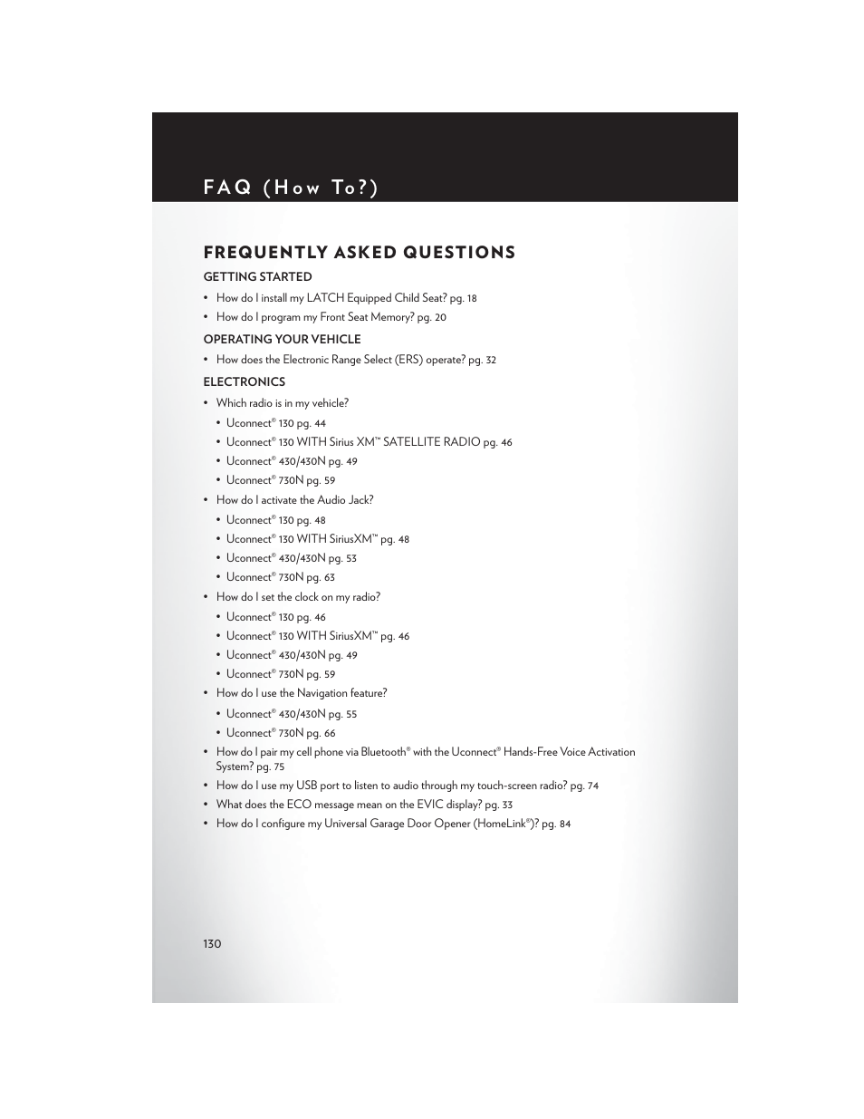 Faq (how to?), Frequently asked questions, F a q ( h o w to ? ) | Chrysler 2013 Country - User Guide User Manual | Page 132 / 140