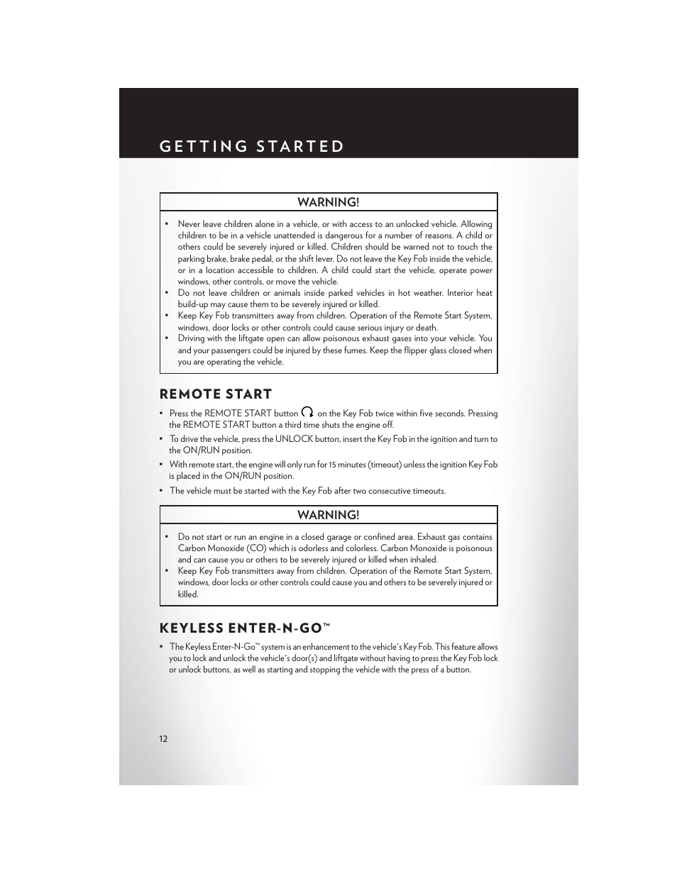 Remote start, Keyless enter-n-go, Warning | Chrysler 2013 Country - User Guide User Manual | Page 14 / 140