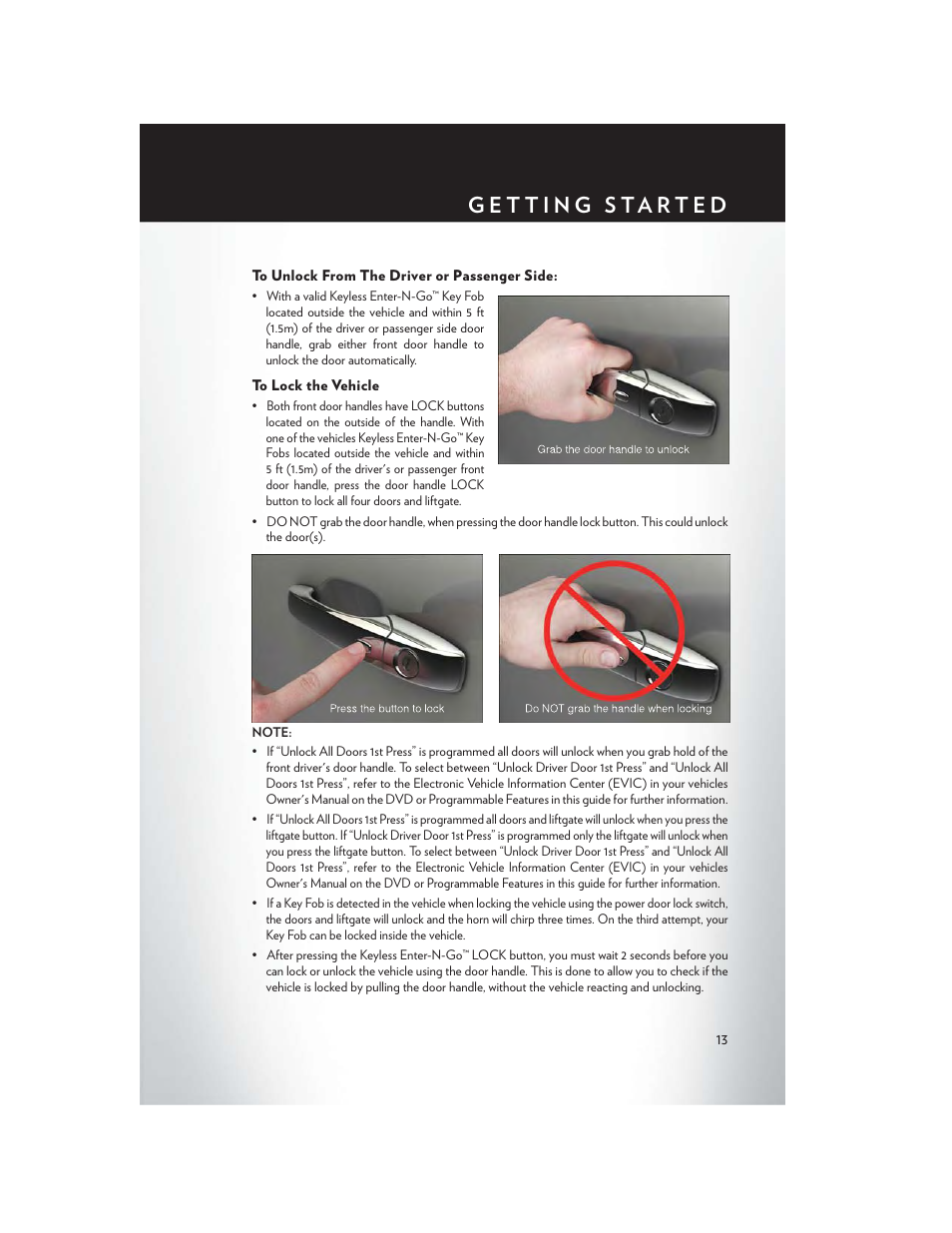 To unlock from the driver or passenger side, To lock the vehicle | Chrysler 2013 Country - User Guide User Manual | Page 15 / 140