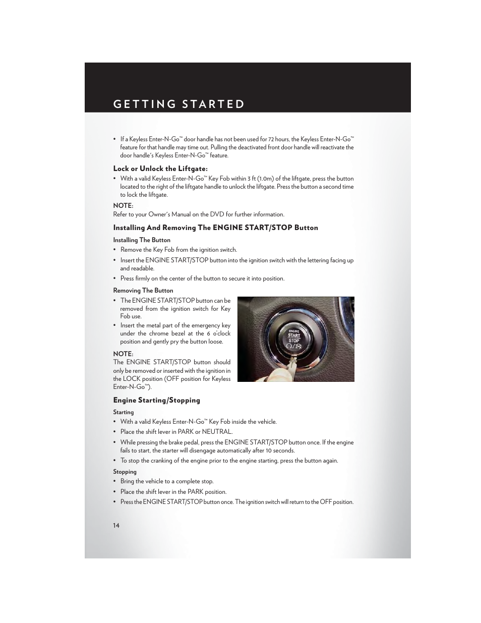 Lock or unlock the liftgate, Engine starting/stopping | Chrysler 2013 Country - User Guide User Manual | Page 16 / 140